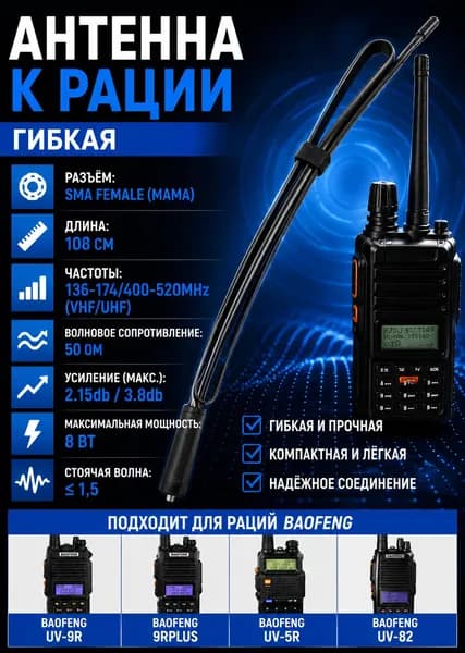 Антенна для рации Baofeng (Баофенг) UV-9R 9RPLUS, UV-5R, UV-82 гибкая, плоская 108см