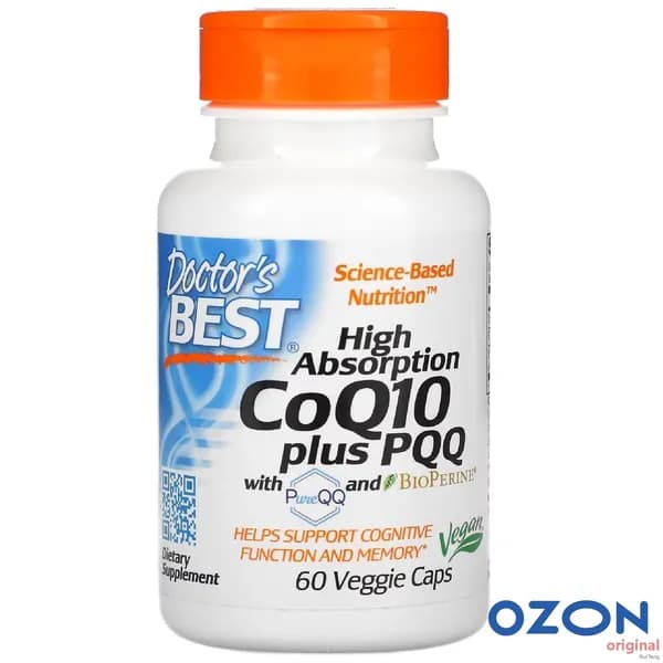 Коэнзим Q10 100 мг убихинол с пирролохинолинхинон, пиперин Doctor's Best CoQ10 100 мг plus PQQ 20 мг, 60 растительных капсул