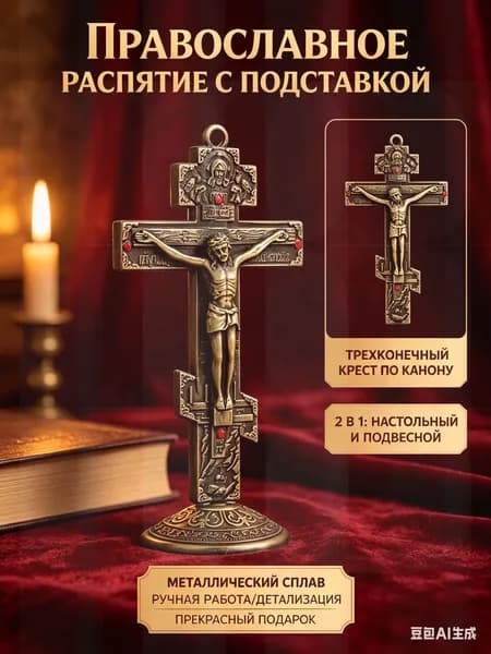 Крест православный настольный с подставкой "Распятие Христово", Металлический крестик на подставке для дома