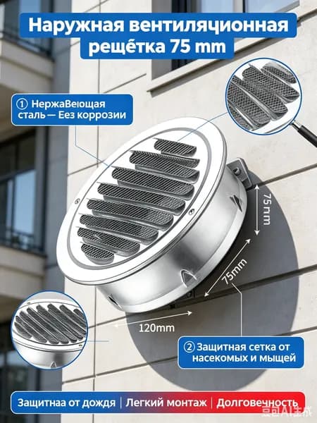 Вентиляционная решетка наружная 75 мм, круглая фасадная вытяжная решетка из нержавеющей стали с сеткой от насекомых, металлический дефлектор для вытяжки