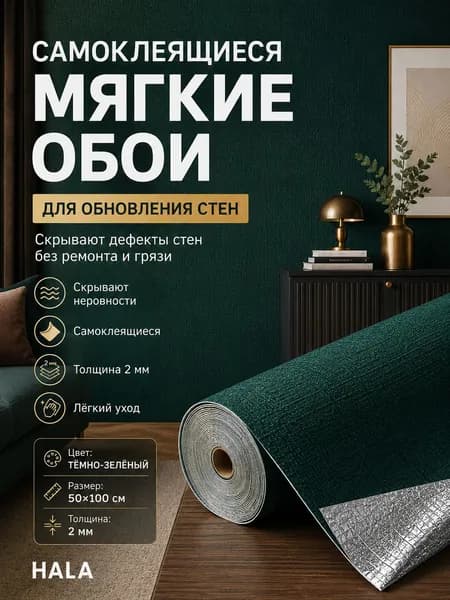 Самоклеящиеся обои тёмно-зелёного льняного узора толщиной 2 мм с алюминиевой подложкой, маскировка дефектов стен, размер 50х100 см