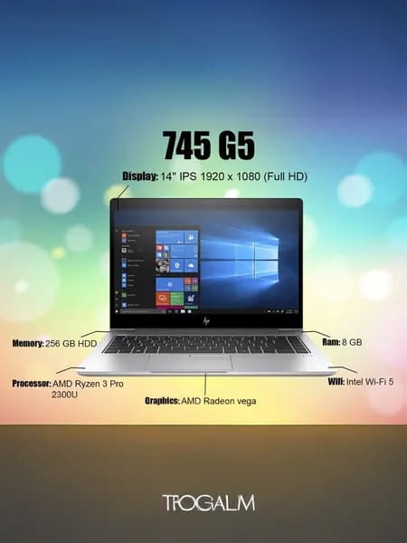 HP HP EliteBook 745 G5, Как новый Ноутбук 14", AMD Ryzen 7 2700U, RAM 16 ГБ, SSD, HDD 256 ГБ, AMD Radeon, Windows Pro, серебристый, Русская раскладка