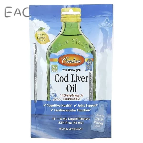 Carlson, Cod Liver oil Lemon, Жир печени дикой норвежской трески 5мл, вкус лимона, 15 пакетиков