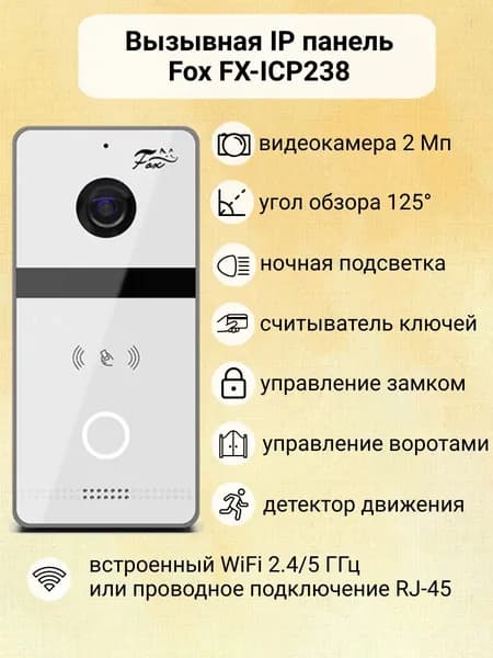 Вызывная панель IP видеодомофона Fox FX-ICP238 WiFi (белая) для дома / питание PoE / запись на карту памяти