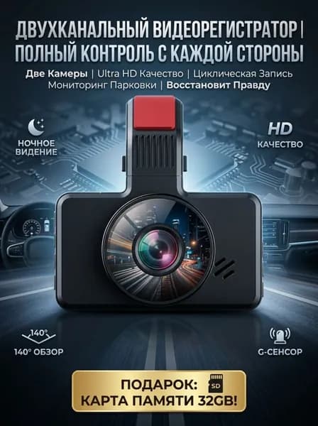 Видеорегистратор автомобильные 2 камеры (передняя+задняя), Wi-Fi, 4K, ночная съемка, GPS, G-sensor, циклическая запись, парковочный режим, карта памяти 32 гб