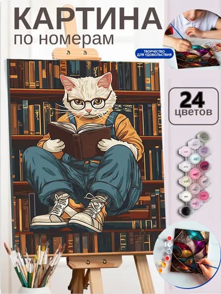 Картина по номерам для рисования своими руками Кот-ученик с книгой у книжных полок, формат 40X50cm, настенное украшение