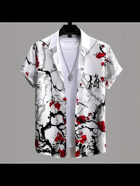 Мужская повседневная рубашка гавайского принта из полиэстер