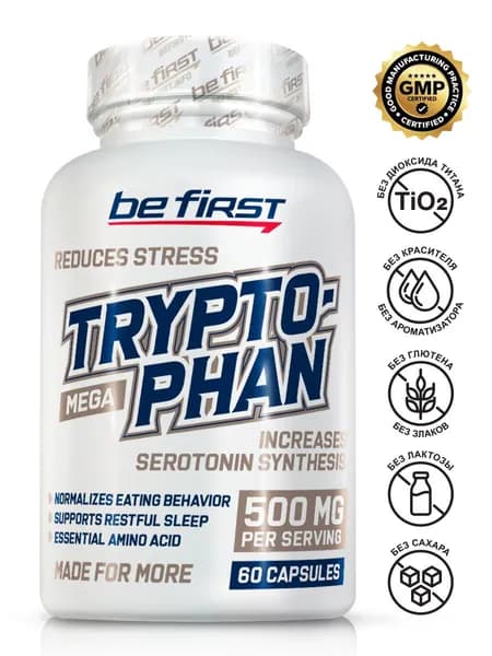 Аминокислота L-триптофан Мега 500мг Be First L-Tryptophan 500 mg Mega 60 капсул / витамины для улучшения сна взрослым, для настроения, для спокойствия и от стресса