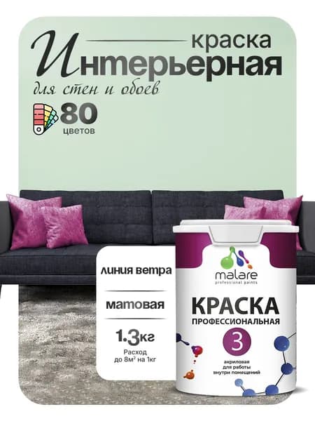 Краска Malare Professional Euro №3 интерьерная для стен и обоев, для потолка, акриловая, быстросохнущая, без запаха, матовая, линия ветра, (1л - 1.3кг)