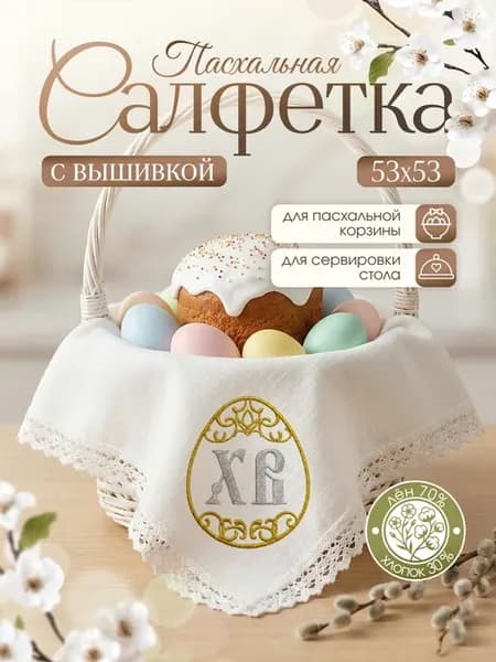 Салфетка пасхальная в корзину с вышивкой и кружевом