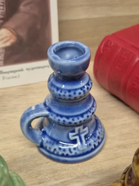 Подсвечник для церковной тонкой свечи керамический синий