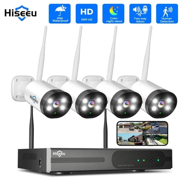 Hiseeu Беспроводной комплект видеонаблюдения уличная, 16CH NVR Набор, 3MP 4 IP-камера, Пластиковая система безопасности камеры,Без жесткого диска, одностороннее аудио, ночное видение, P2P