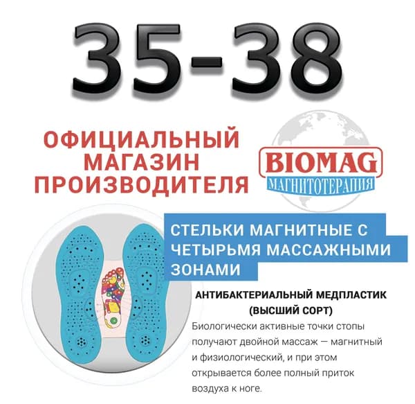 Стельки магнитные (высший сорт - антибактериальный медпластик) 35-38 с четырьмя массажными зонами БИОМАГНЕТИК