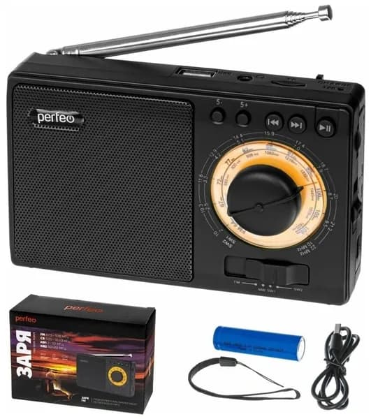 Радиоприемник аналоговый Perfeo ЗАРЯ, FM радио, USB, SD, 3.5 мм, колесико, аккум., юсб