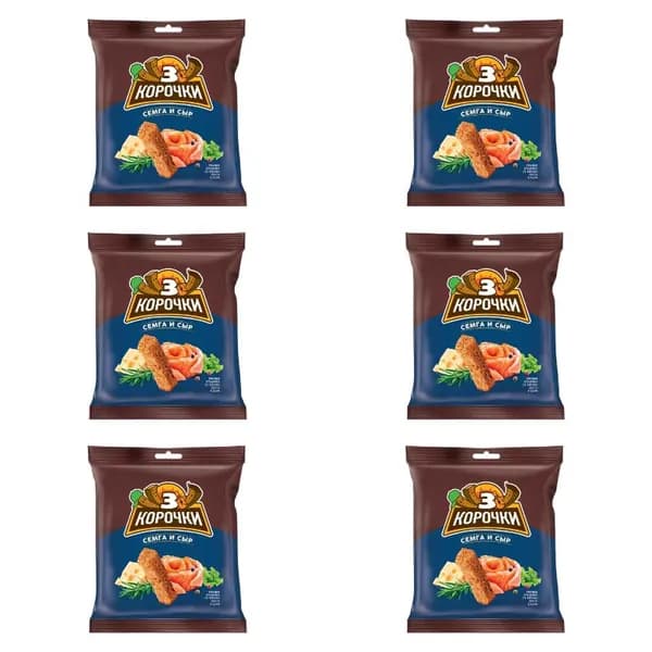 3 корочки Сухарики ржаные, сыр, семга, 40 г, 6 штук