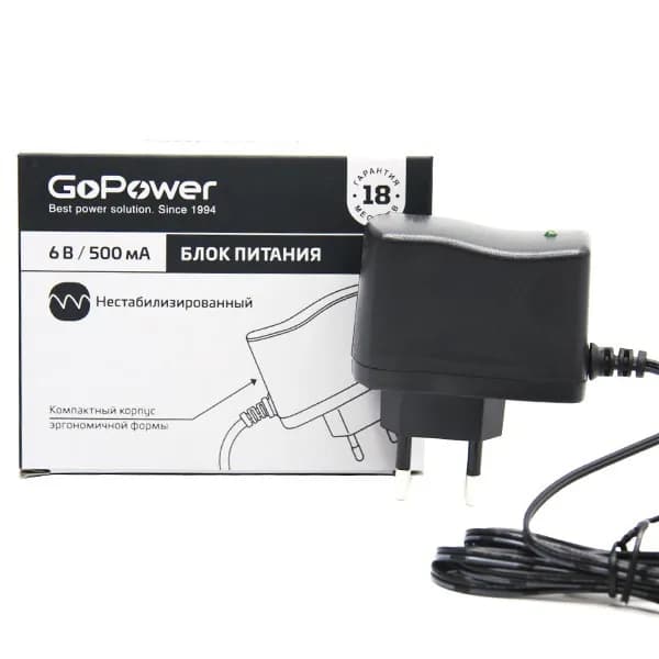 Блок питания GoPower 500mA 6V 5,5x2,5/12мм нестабилизированный положительная полярность