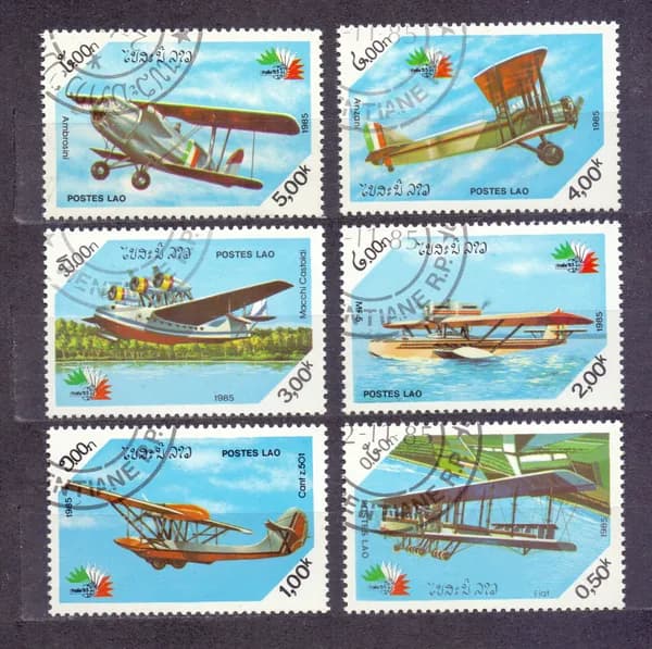 Почтовые марки Лаос, 1985 год Авиация, Самолеты, 6 штук