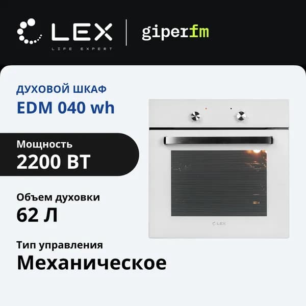 Электрический духовой шкаф LEX EDM 040 WH встраиваемый, 60 см, 62 л, 200 Вт, белый