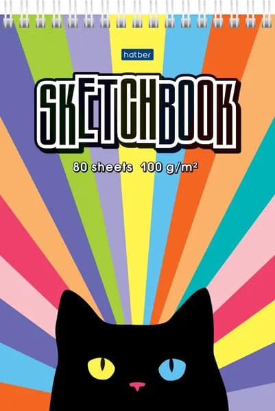 Блокнот SketchBook Hatber Premium 80л А5ф 100г/кв.м без линовки твердая подложка на гребне-Радужный кот-