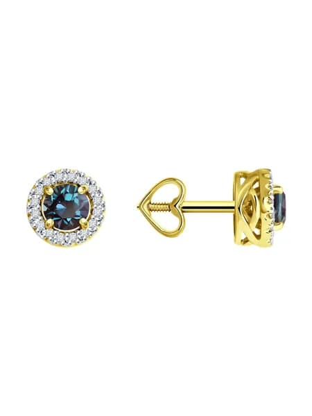 Diamant, Серьги из желтого золота с бриллиантами и александритами, 53-222-02344-1, пусеты, 585 проба, гвоздики