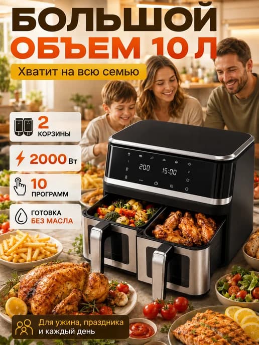 Аэрогриль электрический для дома с двумя чашами 10 литров