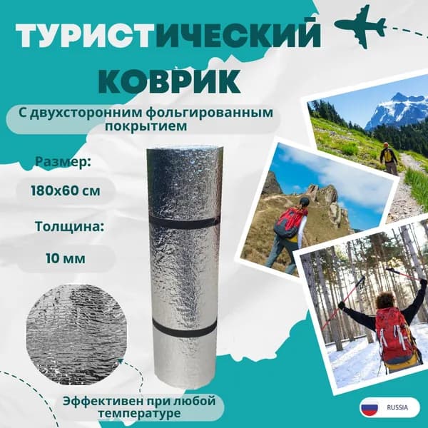 Коврик туристический фольгированный 2 слоя 200*60*0.3 cм термоковрик