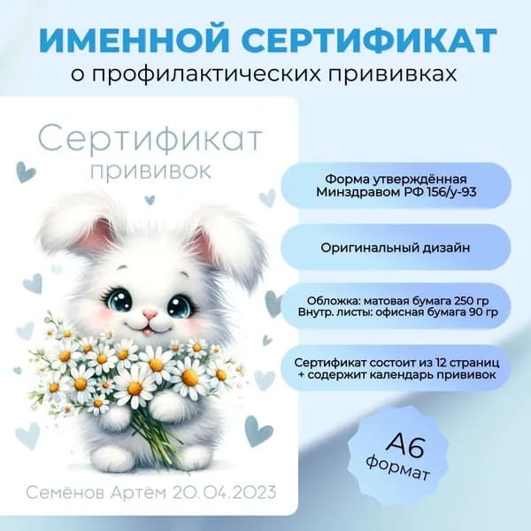Именной сертификат о профилактических прививках "Зайчик с букетом ромашек"