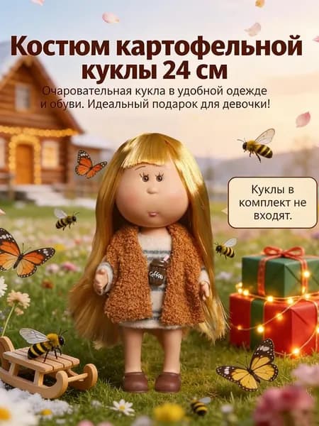 Милый набор одежды и обуви для куклы-картошки высотой 24 см (игрушка не входит в комплект).