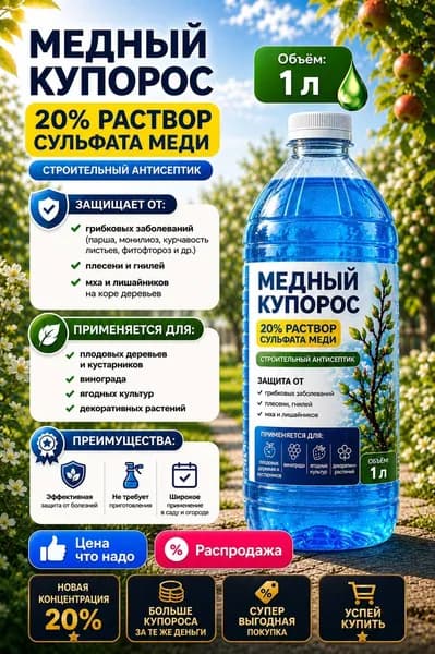 Медный купорос антисептик строительный 20% готовый раствор 1л защита от грибка, гниения и плесени