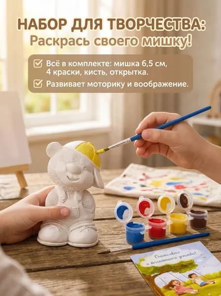 Набор для творчества Мишка, фигурка для раскрашивания, краски и кисточка, подарок детям