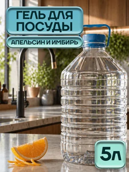 Средство для мытья посуды HappyFruit 5л, концентрированный гель с ароматом Апельсин и имбирь
