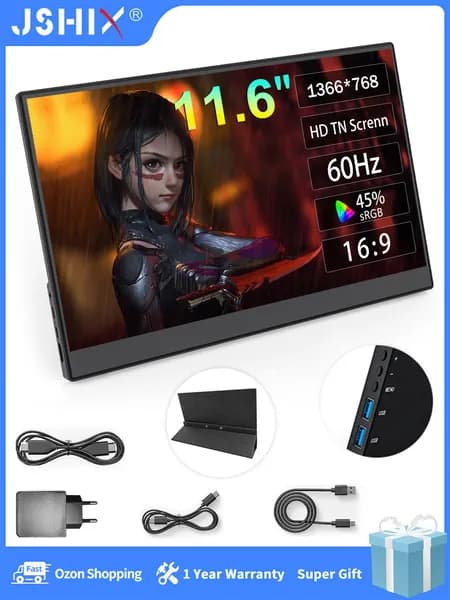 JSHIX 11.6" Монитор ZA11.6, TN, 1366x768 HD, 60 Гц, черный