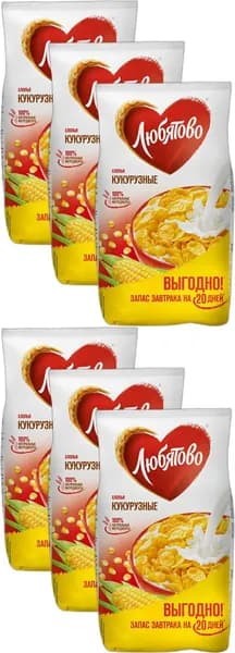 Хлопья кукурузные Любятово, комплект: 6 упаковок по 600 г