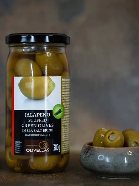 Оливки Греческие фаршированные перцем халапеньо OLIVELLAS, 370 мл