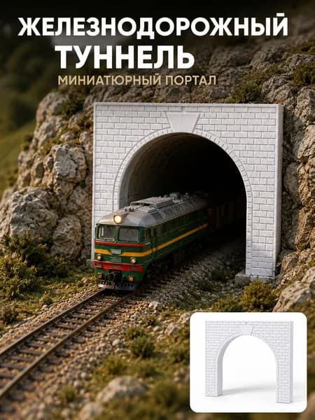 Вход в железнодорожный тоннель серый арочный портал PLA для рельсового макета
