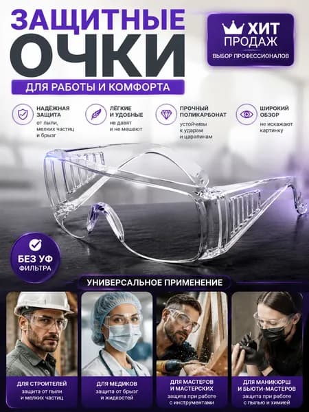 Очки защитные универсальные прозрачные, медицинские (Очки защитные для Nail-мастера)