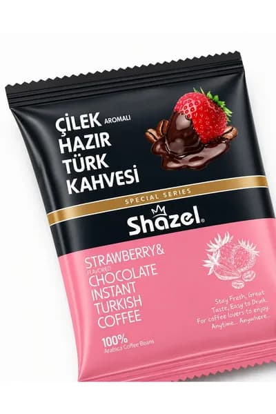 Shazel Растворимый турецкий кофе с натуральным ароматом клубники, 100г. Специальная серия из 100% арабики для быстрого приготовления. Насыщенный фруктовый вкус, бодрящий напиток для гурманов
