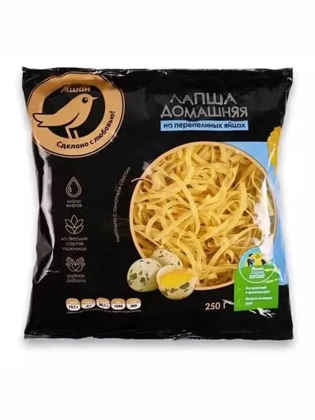 Макаронные изделия АШАН Золотая птица Домашние Лапша на перепелиных яйцах 250 г