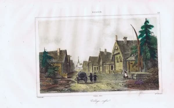Русская деревня. Антикварная гравюра (офорт, акварель). Франция, 1838 год