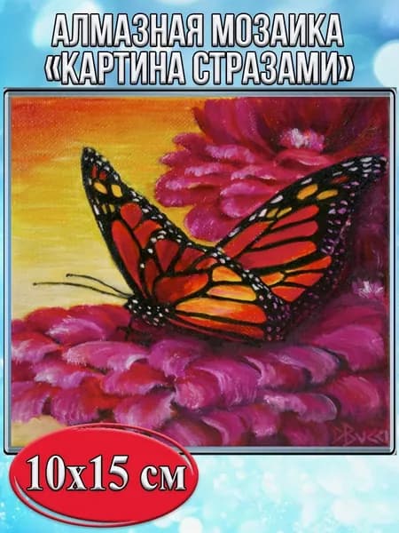 Алмазная мозаика картина стразами Бабочка на цветке/Размер холста 15х20 см