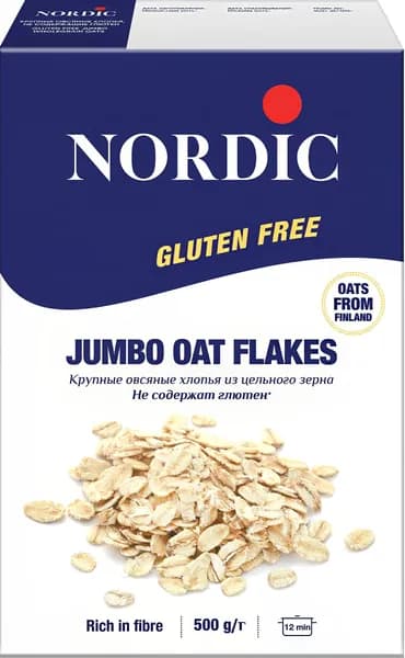 Хлопья овсяные безглютеновые NORDIC крупные, 500г
