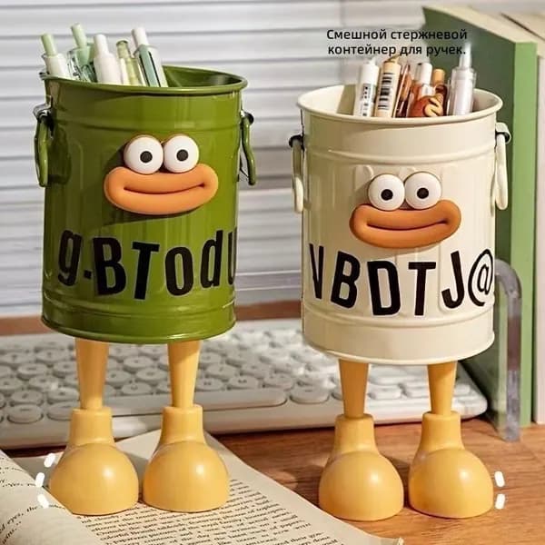 Портативный настольный органайзер для канцелярии в виде ведерка с ножками, зеленый