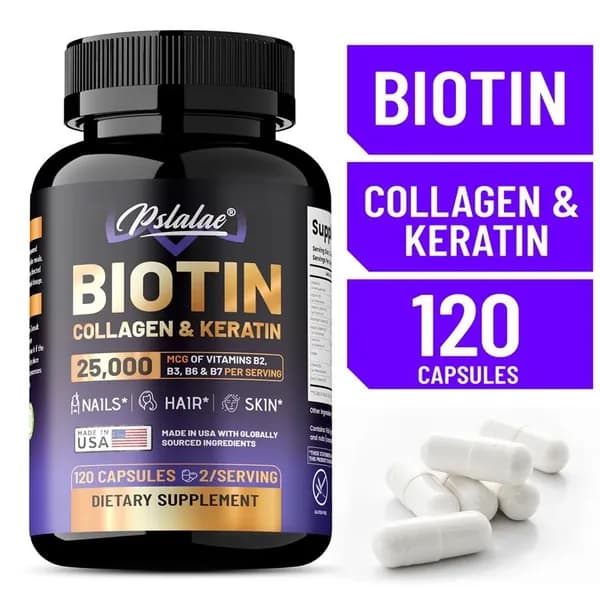 Биологически активная добавка Pslalae Biotin Collagen Keratin поддерживает здоровье волос, кожи и ногтей.