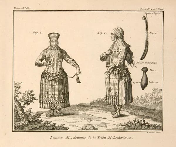 Антикварная гравюра. Мордовки из финно-угорского народа мокша 1793 год.