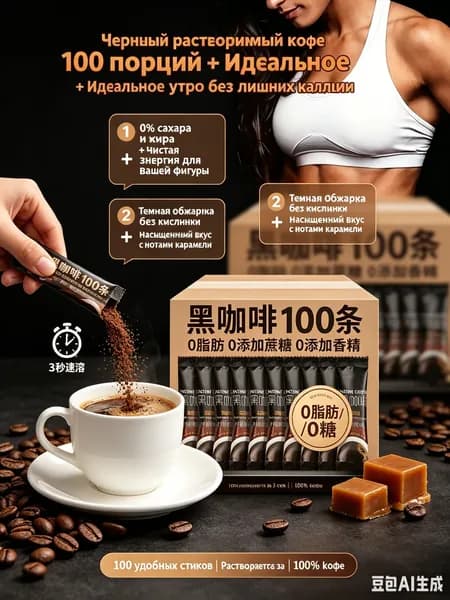 Кофе растворимый черный в стиках, порционный без сахара и жира - 100 штук, темная обжарка без кислинки, для дома и офиса