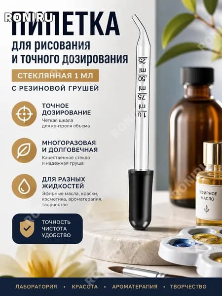 Пипетка для рисования и точного дозирования, стеклянная 1 мл с резиновой грушей, многоразовая лабораторная капельница для эфирных масел, красок, косметики, ароматерапии и творчества