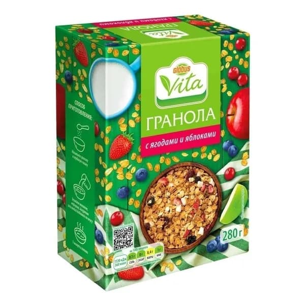 Гранола Globus Vita цельнозерновая с ягодами и яблоками 280 г