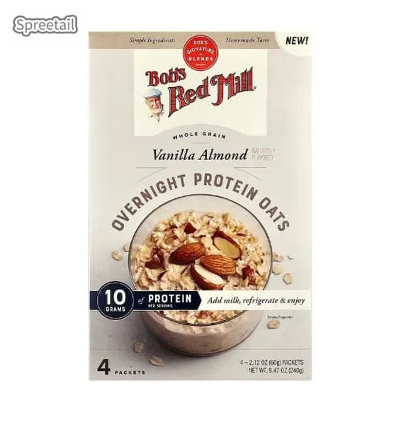 Bob's Red Mill, Овсяные хлопья с протеином на ночь, цельные зерна, со вкусом ванили и дерева падан, 4 упаковки, по 2,12 унции (60 грамм) в упаковке