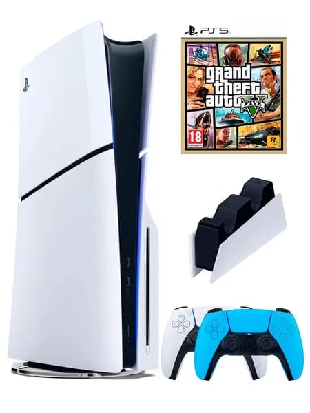 PS5 (ПС5) Игровая приставка Sony PlayStation 5 Slim +2-й геймпад(голубой)+зарядное+игра GTA 5, 1000ГБ