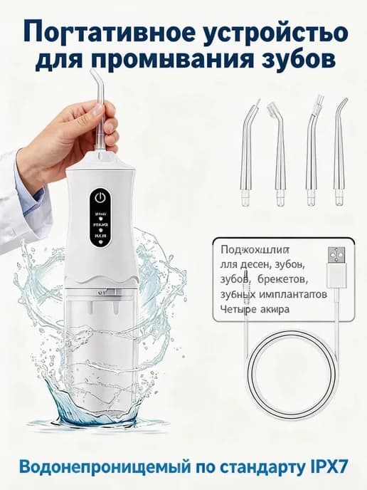 Портативный ирригатор для зубов с 4 насадками и 3 режимами